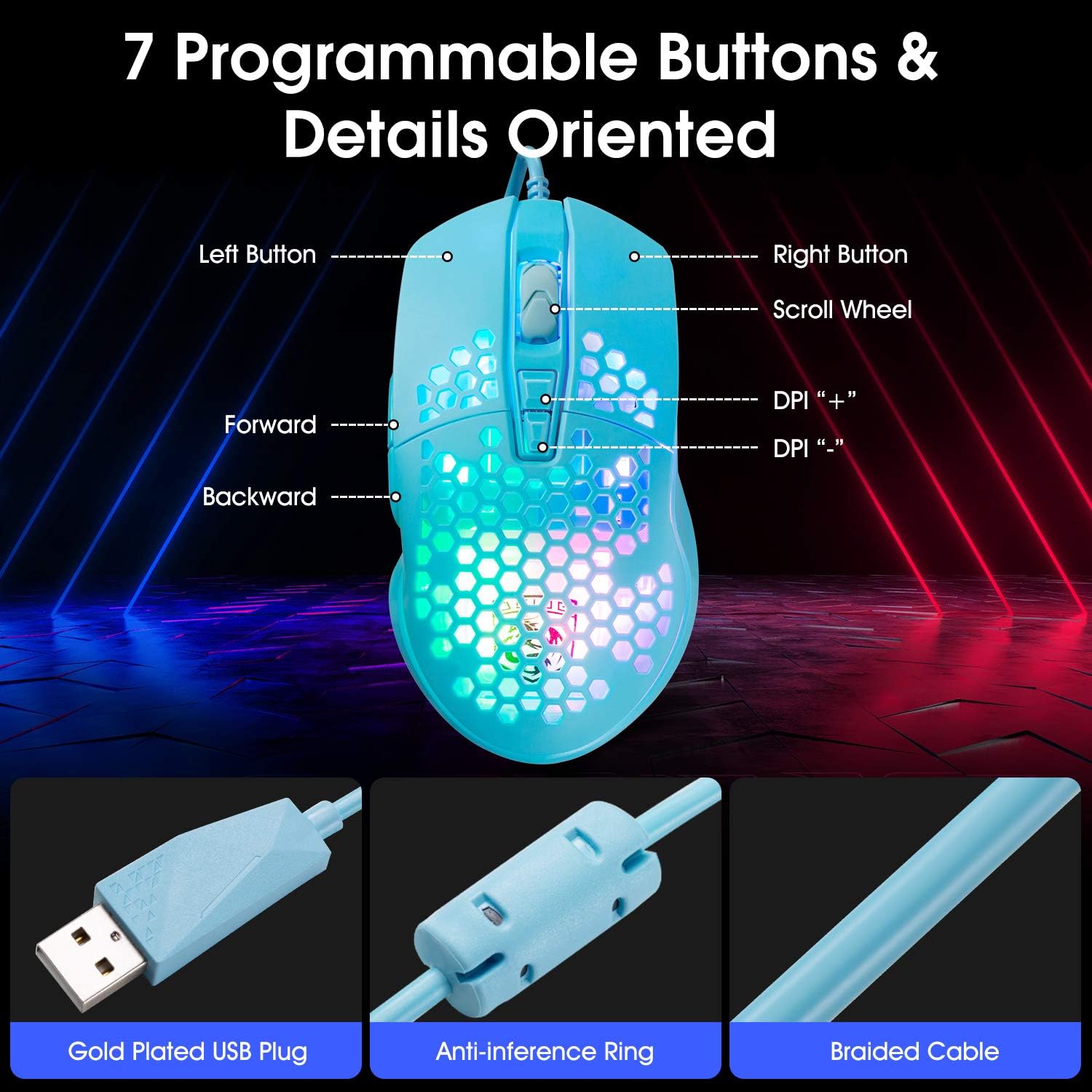 Lightweight Gaming Mouse, Wired USB PC Gaming Mice with Ultralight Honeycomb Shell, RGB Chroma LED Light, 6400 DPI Adjustable, Pixart 3325, Programmable 7 Buttons Mouse for Windows 7/8/10/XP: Computers & Accessories