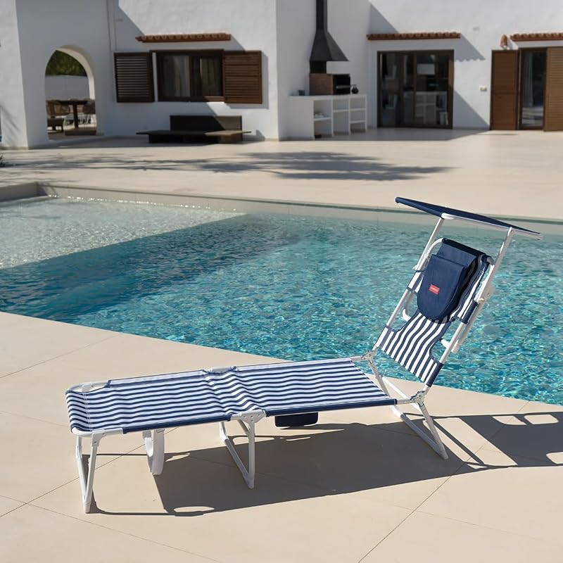 Chaise de Plage - Transat Pliable - 5 Positions - Parasol Réglable UPF 50+ - Trou pour la Tête et Bras - Oreiller Ergonomique - Aluminium et Polyester - Bleu
