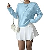 Verdusa Women's Fall 3D Flower Appliques Crewneck Sweaters Long Sleeve Drop Shoulder Pullovers Elegant Knit Tops Light Blue Large