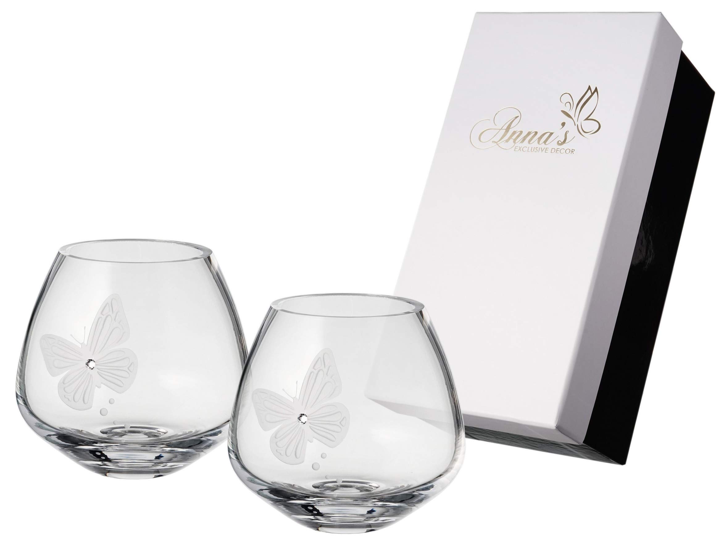 Butterfly Tea Light Holders - Set of 2 - Swarovski Crystal and Etched Butterfly - Mouth Blown Glass Candleholders Set for Wedding Home Decor - Luxury Gift Box - 4 in (10 cm)