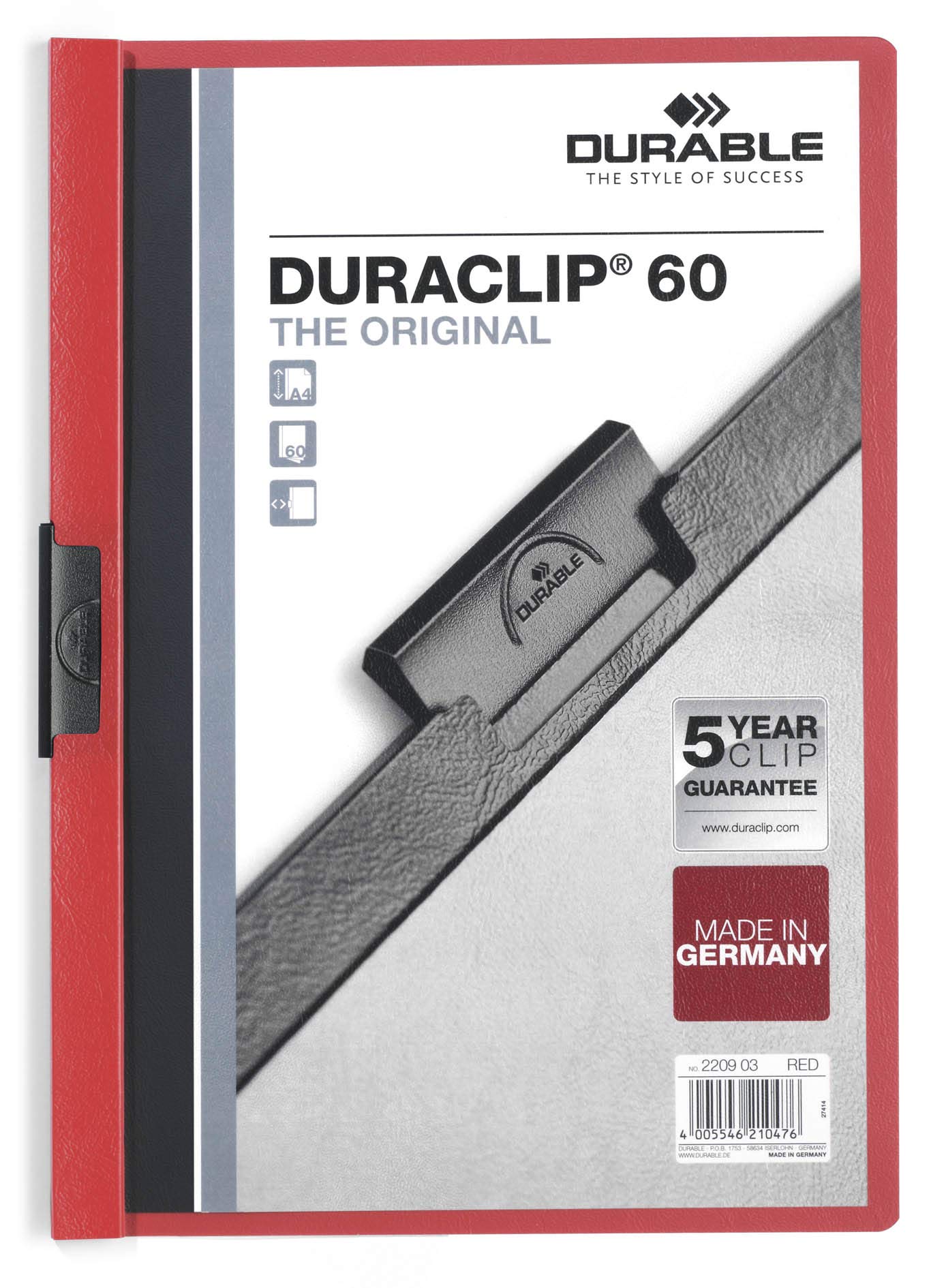 Durable DURACLIP 60 A4 Clip Folder - Holds Up to 60 Sheets of A4 Paper - Strong Metal Sprung Clip - Pack of 25 Red Colour Folders for Organising Documents