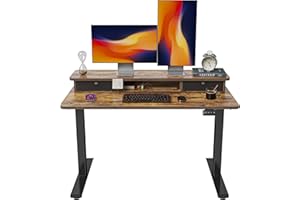 FEZIBO 48 x 24 Inch Height Adjustable Electric Standing Desk with Double Drawer, Stand Up Desk with Storage Shelf, Sit Stand Desk, Rustic Brown