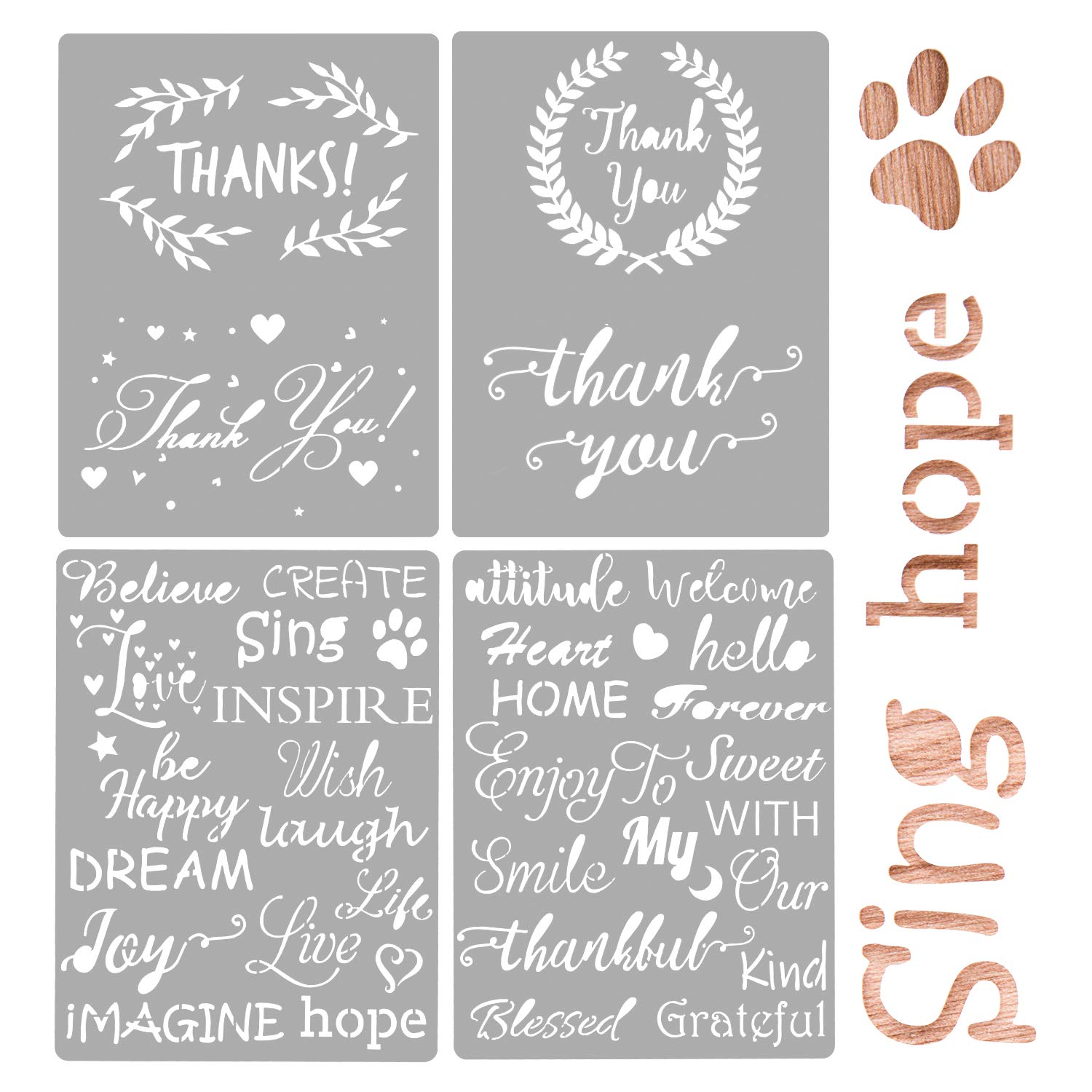AIEX 4-Piece Plastic Journal Stencils for Drawing & Painting - 2 Thank You & 2 Inspiring Word Stencils, 20 x 15 cm