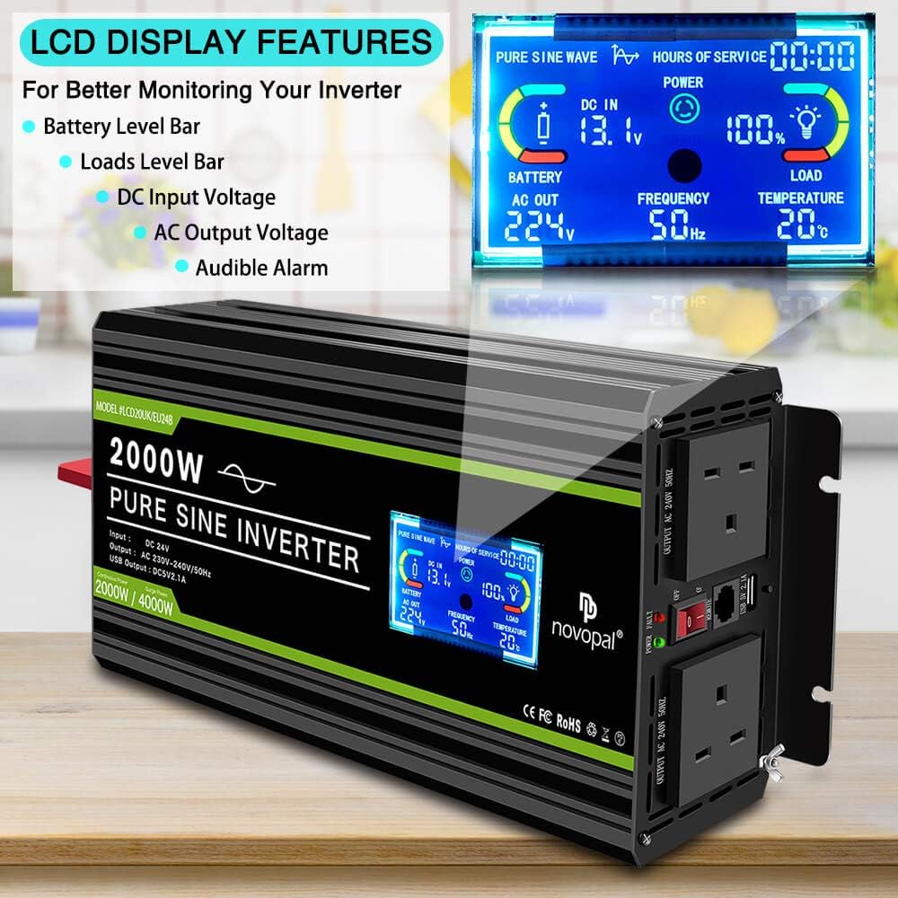 NOVOPAL 2000W Pure Sine Wave Inverter 24V to 230V 240V Car Power Converter with LCD Display - Image 4
