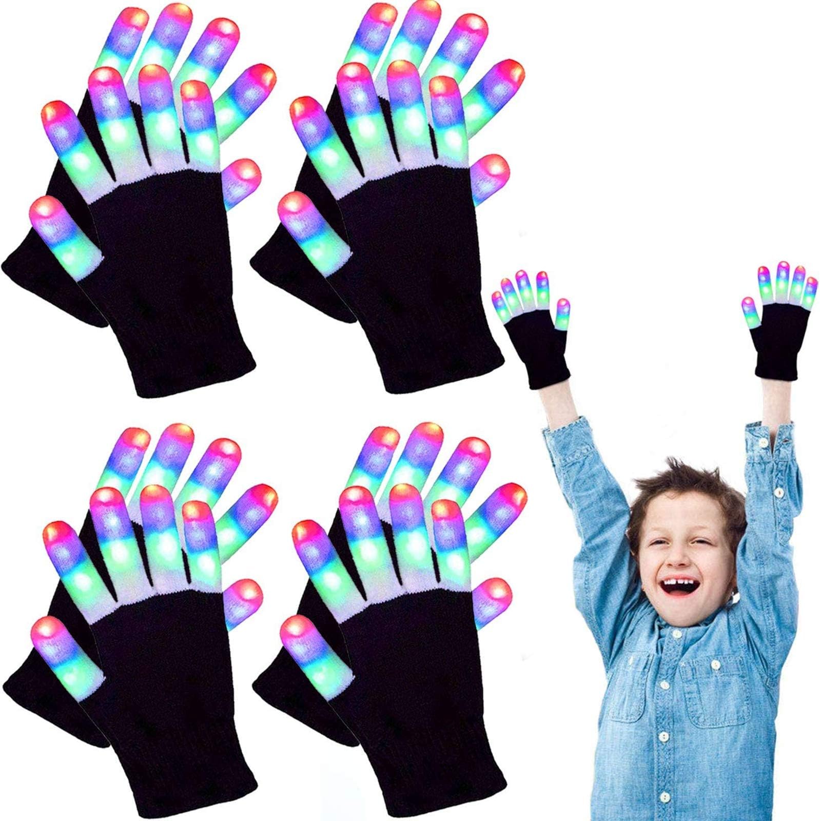 iGeeKid 4 Pairs Led Gloves New Years Eve Party Supplies for Kids, LED Finger Light Gloves Flashing Gloves Cool Fun Toys for Boys Girls Nye Birthday Gifts Cosplay New Years Party Favors