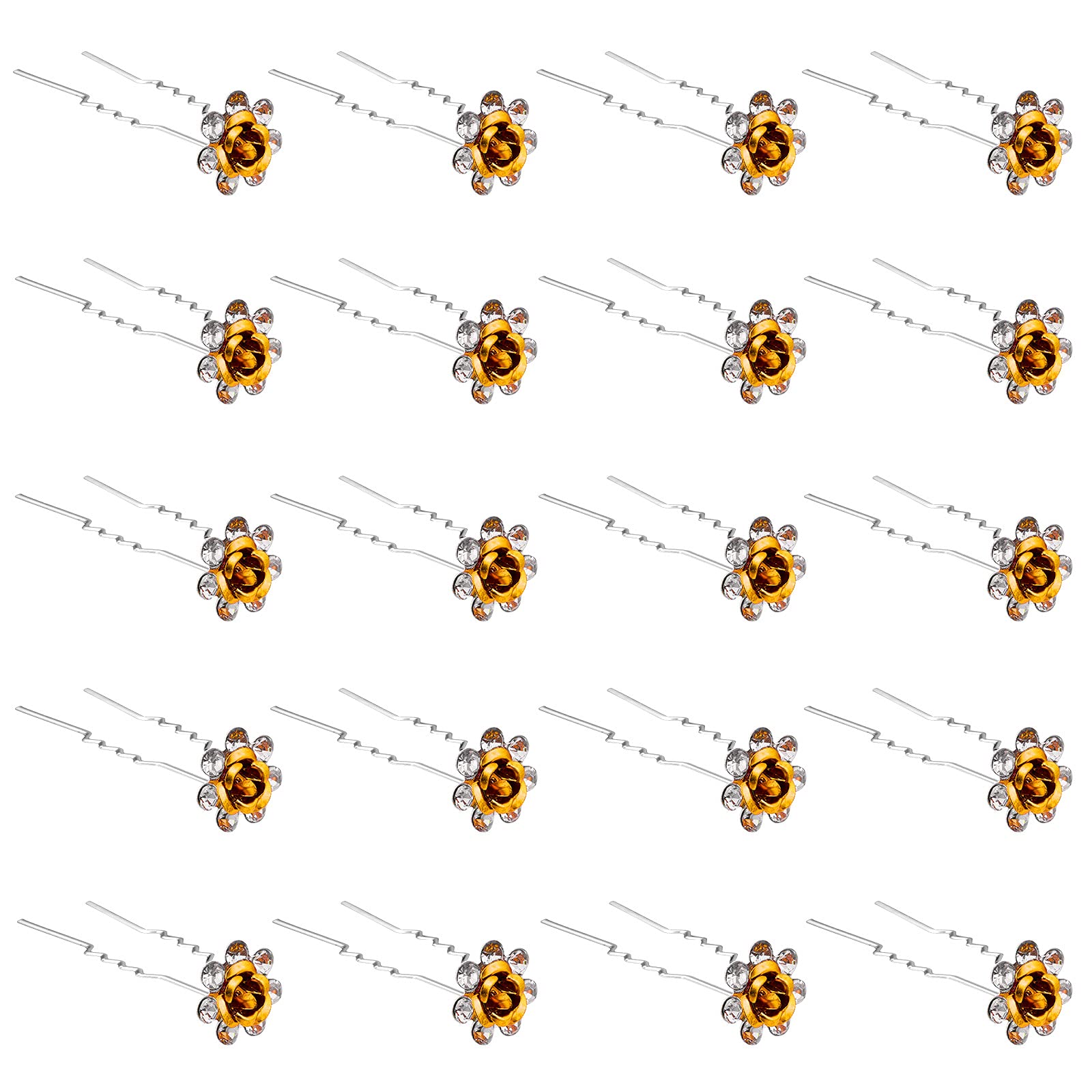 ZOUIQSS 20 Pack (Yellow) Crystal Hair Pins Rose Flower Rhinestone Hair Clips for Bridal Wedding Women Hair Jewelry Accessories,with Clear Container