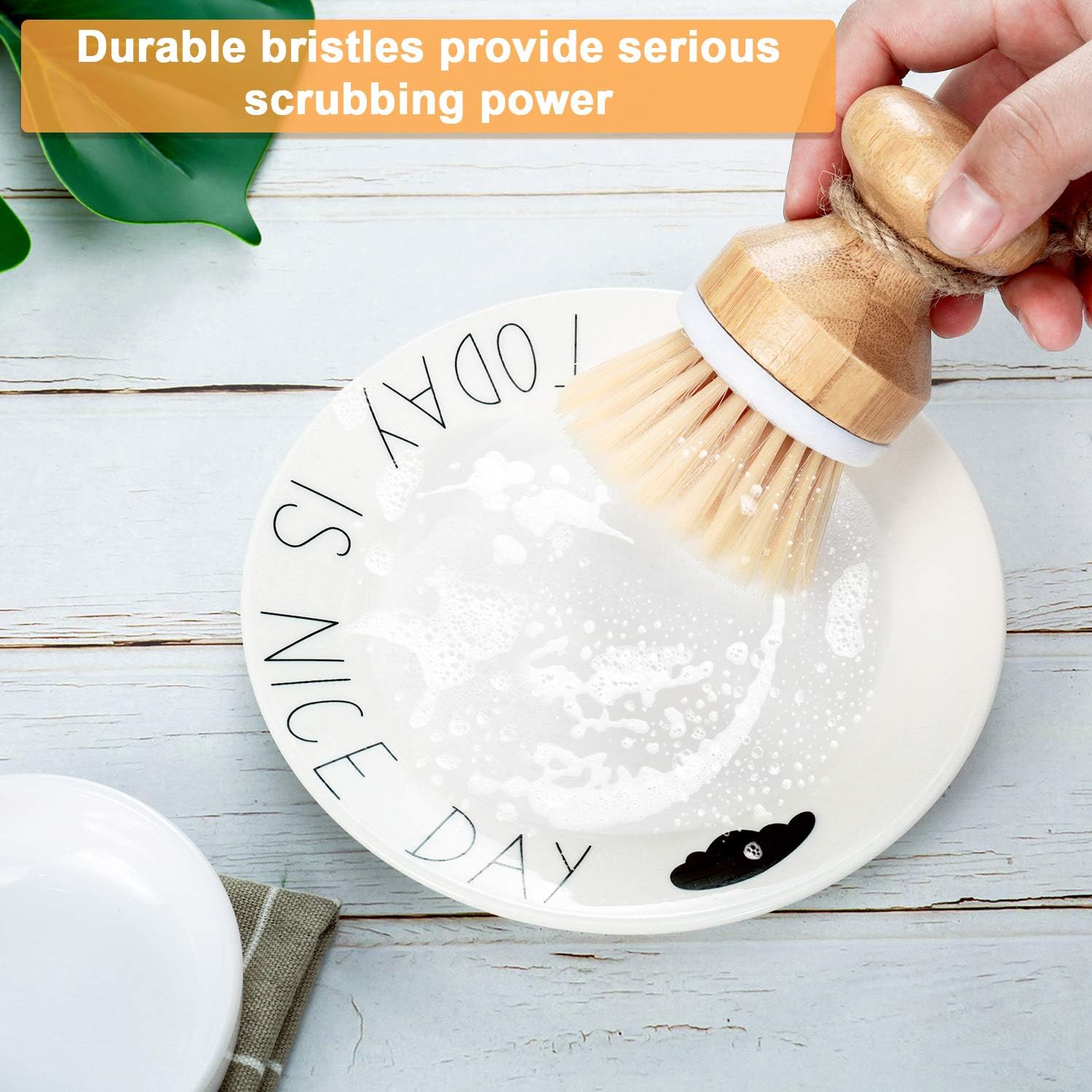 4-Piece Dish Brush Set include 3 Pieces Bamboo Palm Dish Brush Cleaning Scrub Brush Household Pot Scrubber Brush and 1 Holder for Dishes Pots Pans Kitchen Sink Cleaning - Image 5
