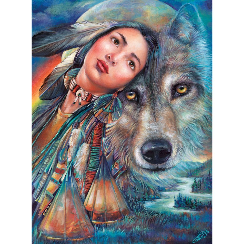 Bits and Pieces - 500 Piece Jigsaw Puzzle -Dream of the Wolf Maiden - Native American Wolf - by Artist Gloria West - 500 pc Jigsaw