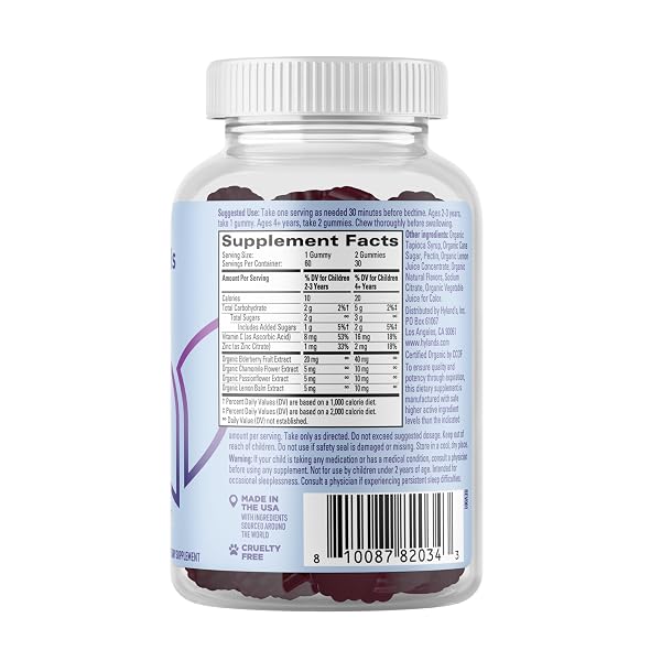 HYLAND’S KIDS MELATONIN FREE ORGANIC SLEEP AID GUMMIES WITH CALM & IMMUNE SUPPORT – WITH VITAMIN C, ZINC, ELDERBERRY, LEMON BALM & CHAMOMILE, HELPS WITH SLEEPLESSNESS & RESTLESSNESS, 60 VEGAN GUMMIES
