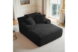 Keainvren Oversized Chaise Lounge Chair Indoor Corduroy Sofa Bed with Throw Pillows Recliner Chair Comfy Large Deep Seat Sofa Couch for Living Room, Bedroom, Apartment (Black)