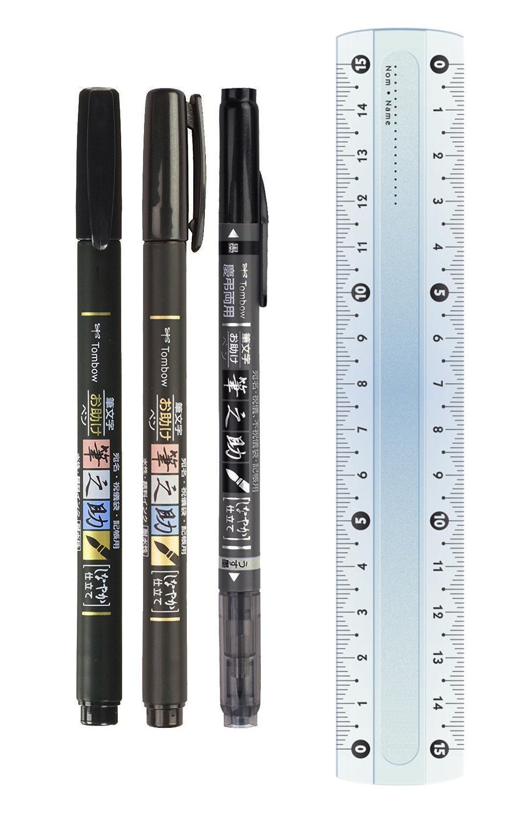 Tombow Brush Pen Fudenosuke Set of 3 Soft + Hard Tip (Black) + Dual Brush Pen (Colour Black + Grey) Includes Ruler