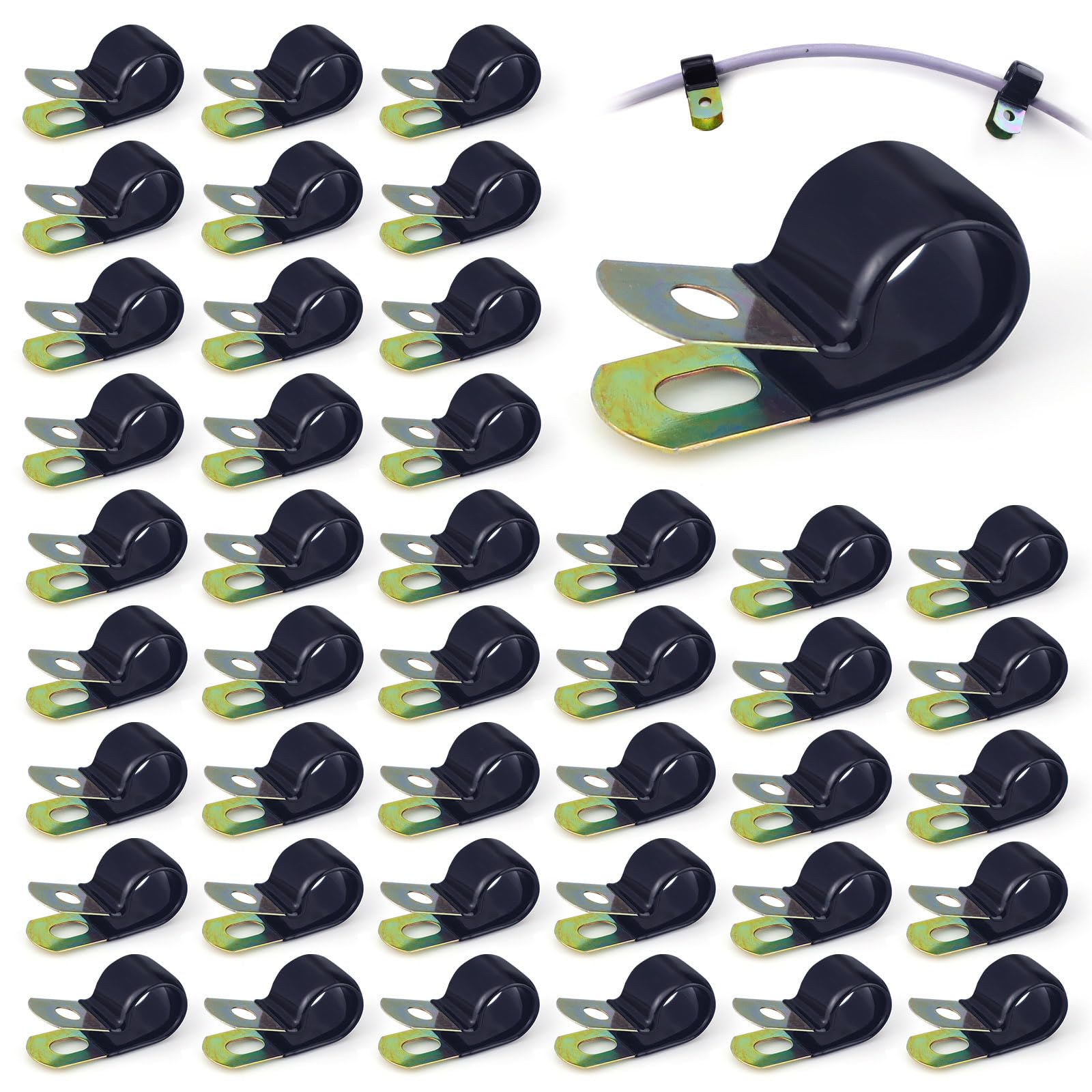 LELE LIFE 50Pcs 14mm Cable Clamps, Vinyl Coated Steel Wire Clamps Pipe Clamp, R-Style Insulated Rope Light Clips Strong Metal Cable Clips for Hose Conduit Extension Cord, Black (14mm)