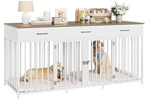 HOSTACK Double Dog Crates Furniture, 71" Wide Indoor Dog Kennel with 3 Drawers, Farmhouse Dog Cage for 2 Large/Medium Dogs, Heavy Duty Dog Crate with Removable Room Divider, Wooden Pet House, White