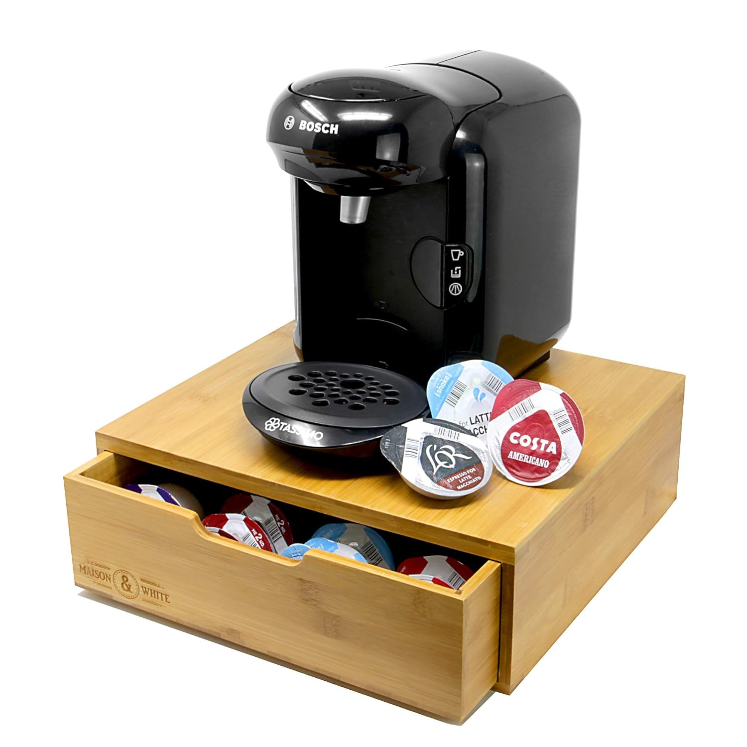Bamboo 64 Tassimo Pod Holder Stylish Wood Capsule Drawer