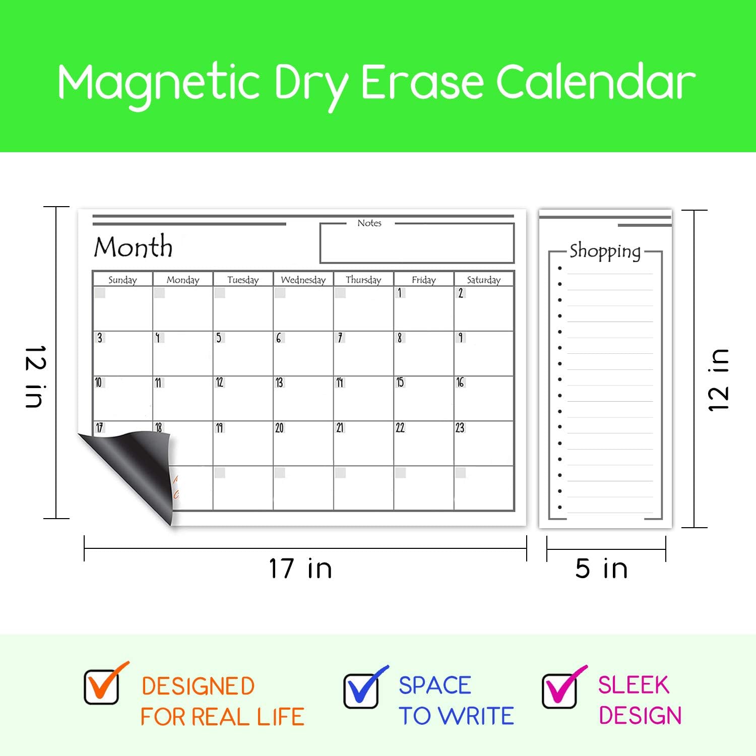 USA Made Magnetic Dry Erase Calendar for Refrigerator with 6 Markers & Magnetic Shopping List – Kitchen Fridge Calendar White Board, Schedule Planner Wall Set : Office Products