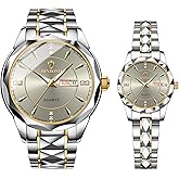 Ibohevo Couple Watches Gift Set: His and Her Rhombus Quartz Analog Stainless Steel Luminous Hands Date 3 ATM Waterproof Business Casual Men Women Watch Sets