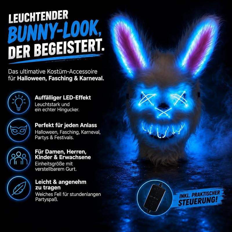 Horror Hase LED Grusel Maske - wie aus Purge steuerbar, Gesicht leuchtend, für Halloween, Fasching & Karneval als Kostüm für Herren & Damen (LED Horror Hase) — Foto 3 von 7