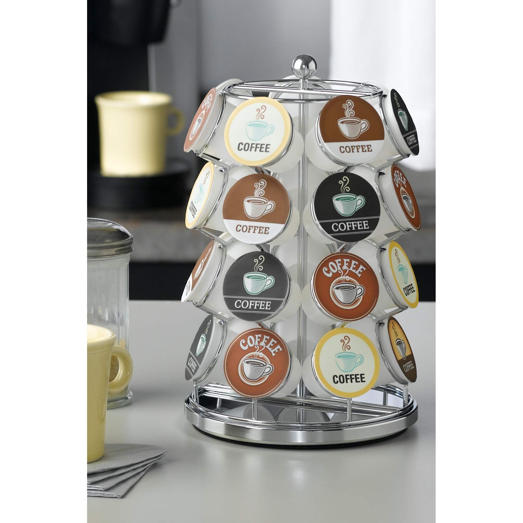 Nifty K Cup Holder – Compatible with K-Cups, Coffee Pod Carousel | 28 K Cup Holder, Spins 360-Degrees, Lazy Susan Platform, Modern Chrome Design, Home or Office Kitchen Counter Organizer