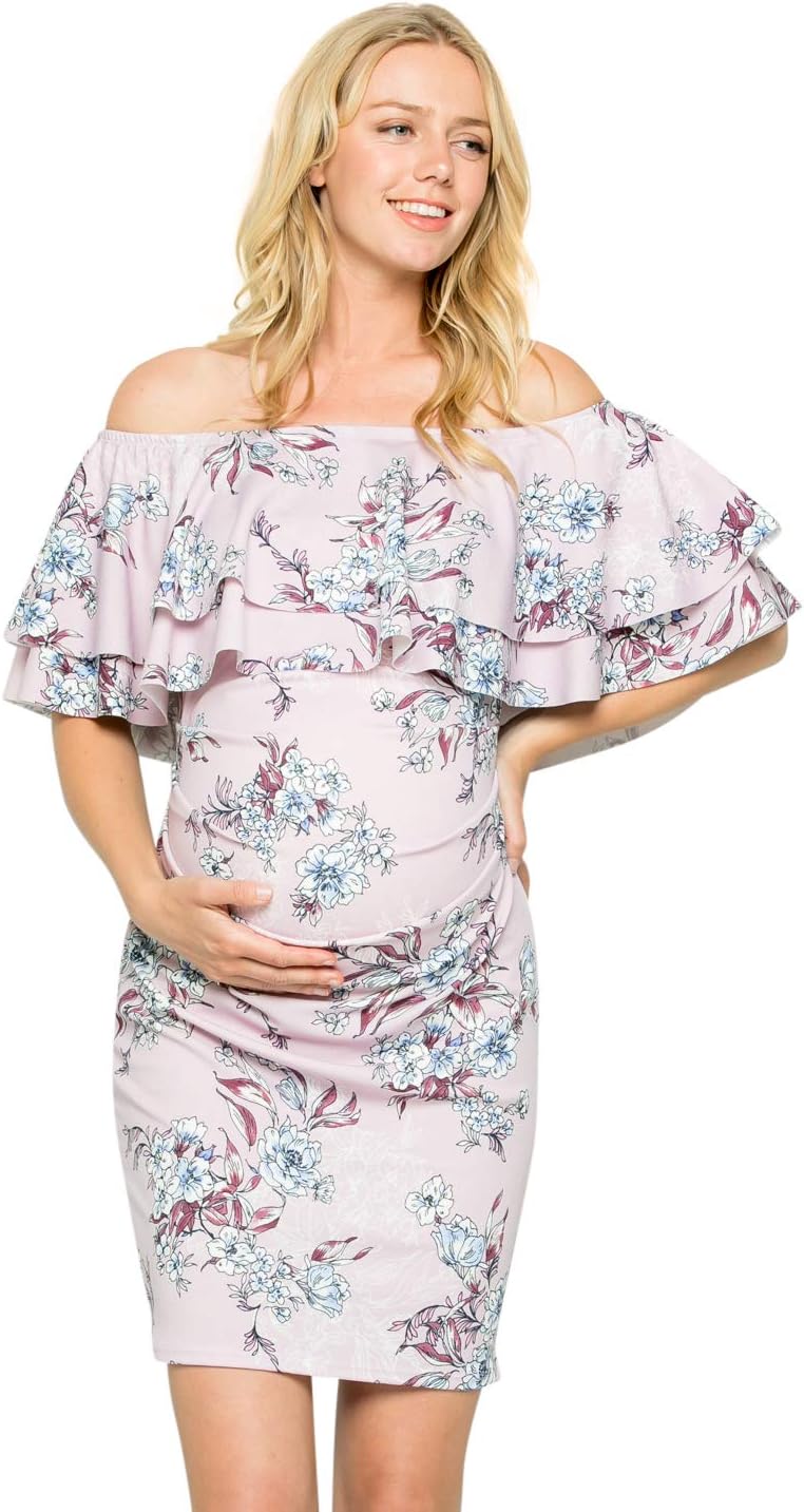 My Bump Double Layer Ruffle Maternity Dress-Fitted Off-Shoulder Baby Shower Pregnancy