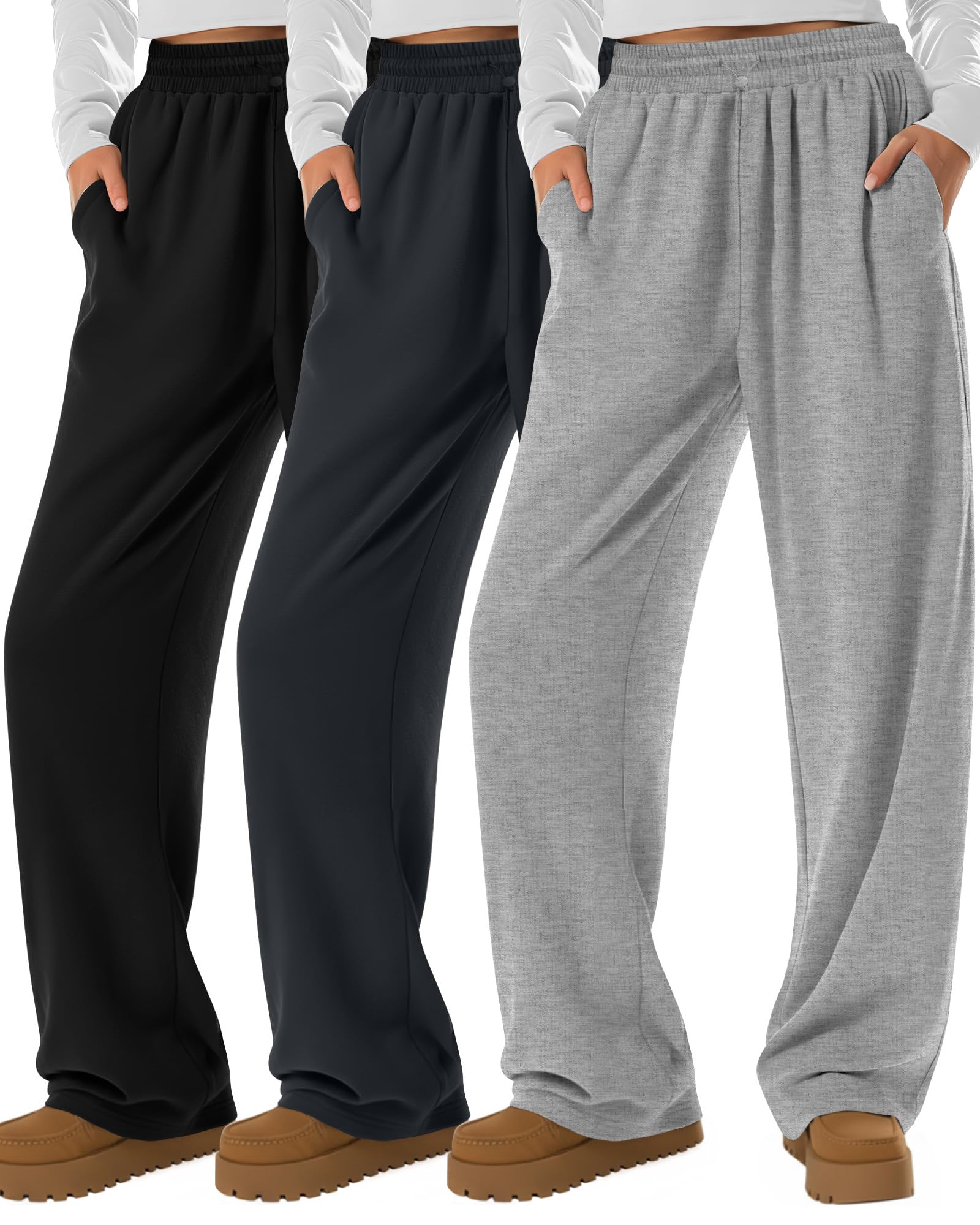 Photo 1 of Neer 3 Pack Womens Wide Leg Sweatpants Elastic High Waisted Baggy Long Pant Casual Lounge Yoga Drawstring Jogger with Pockets(Black, Dark Gray, Light Mixed Gray,X-Large)