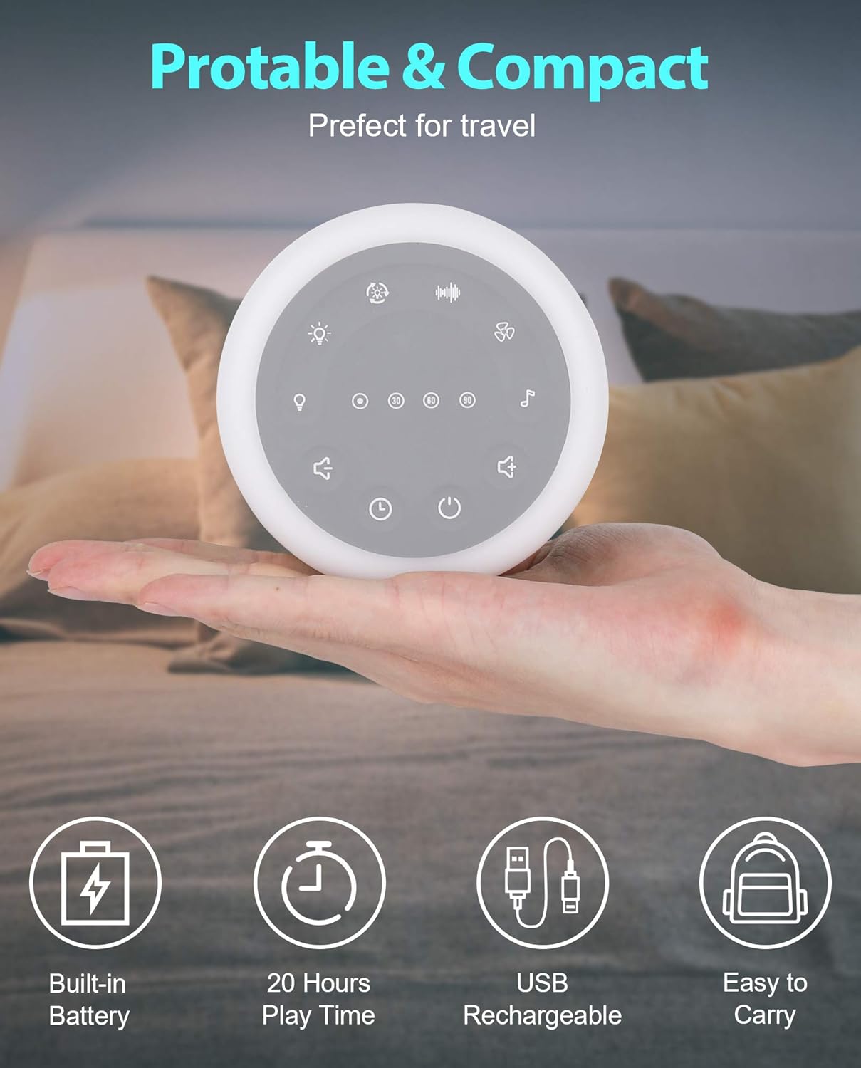 Anescra White Noise Machine with 24 Hi-Fi Soothing Sounds, Night Light and Timer, Built-in Rechargeable Battery, Portable Sleep Sound Machine for Baby, Adult, Home, Office, Travel and Sound Therapy: Health & Personal Care