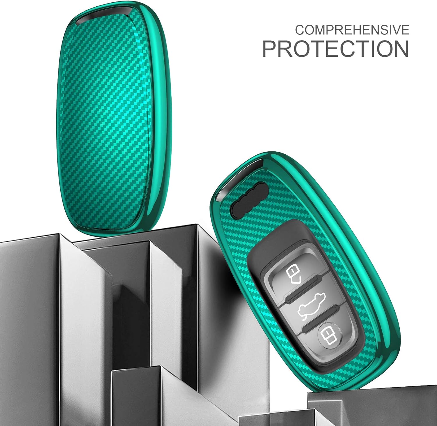 OATSBASF Car Key Cover Compatible with Audi,Suitable for Keyless Operation Keys Audi A4 A5 A6 A7 Q5 Q7 Q8 RS SQ TPU Silicone 3 Buttons Case Box (Green-Stripe) - Image 3