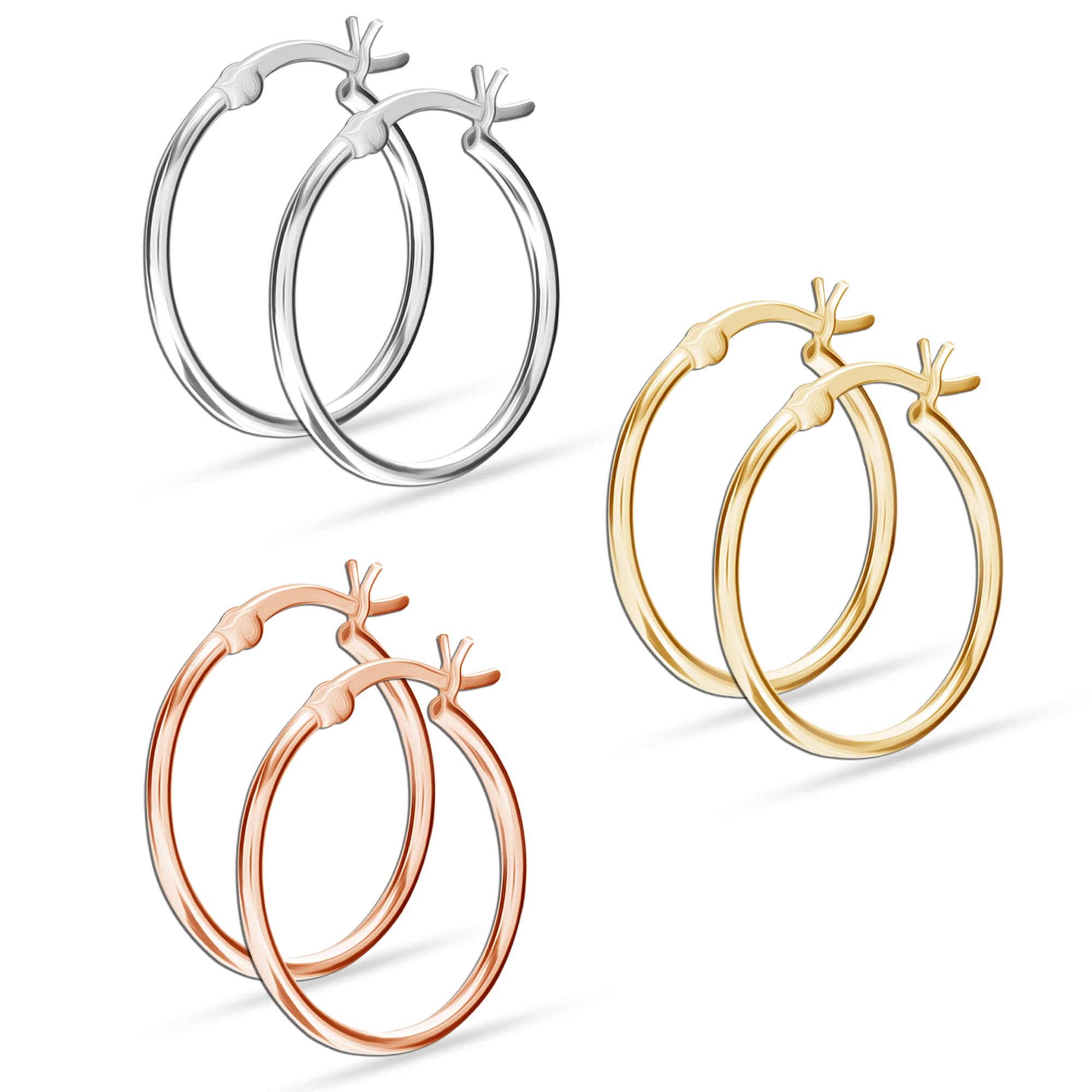 LeCalla 925 Sterling Silver Set of 3 Pairs Click-Top 3 Colors Hoop Earrings for Teen Women 30MM