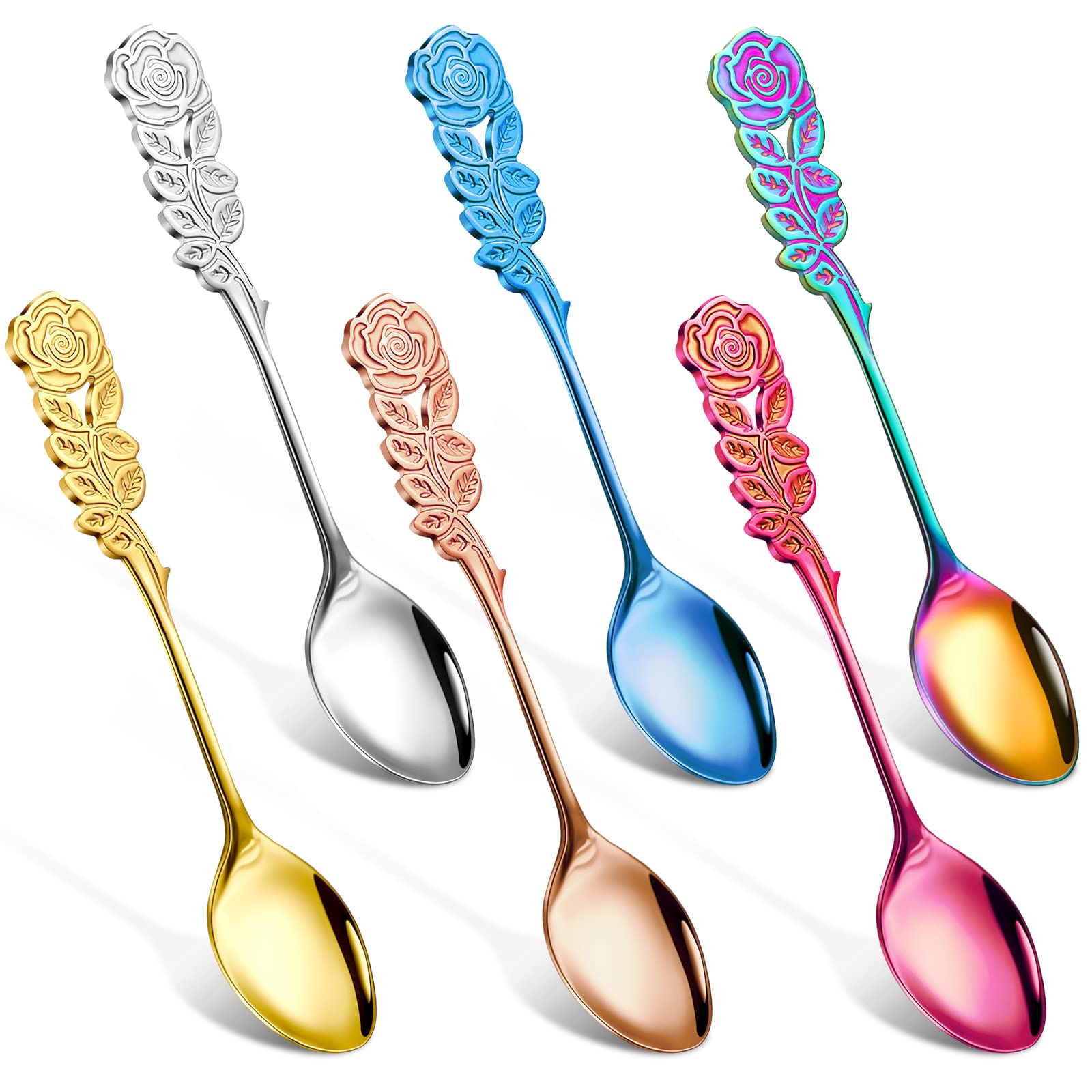 Perthlin 6 Pcs 5.3 Inch Rose Fancy Long Handle Spoons Stainless Steel Reusable Mini Coffee Dessert Stirring Spoons Set Creative for Stirring Espresso Tea Sugar Dessert Cake