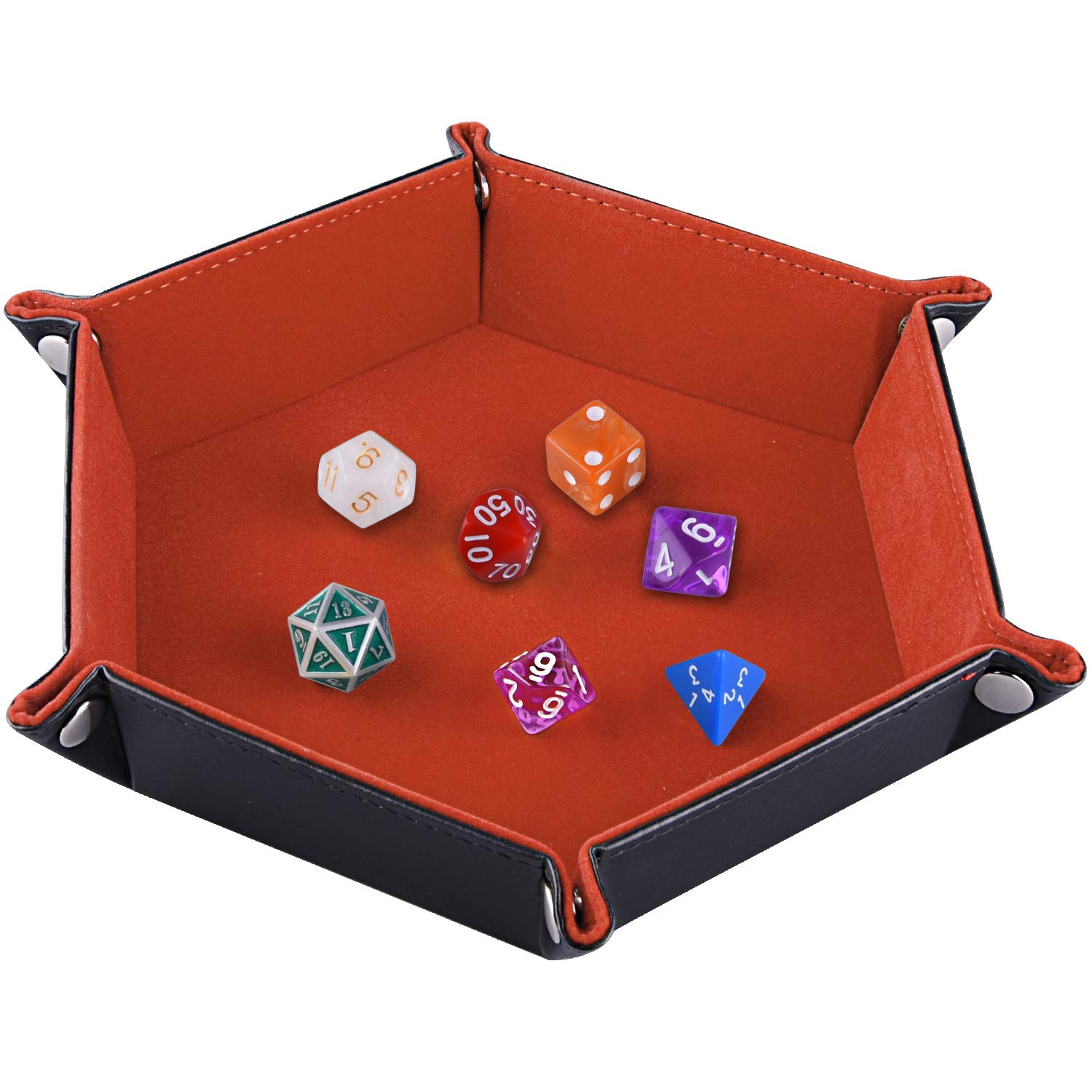 SIQUK Double Sided Dice Tray, Folding Hexagon PU Leather and Orange Velvet Dice Holder for Dungeons and Dragons RPG Dice Gaming D&D and Other Table Games