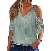 Flamingals Women's Cold Shoulder Eyelet Short Sleeve Hollow Out Lace Floral Sleeveless Blouse Top