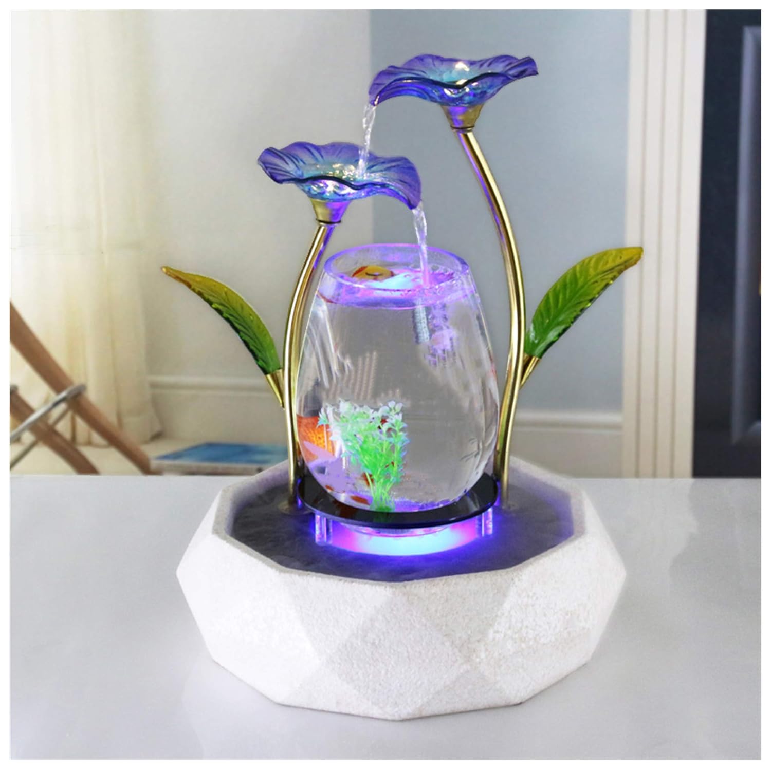 Tabletop Water Feature Blue Lotus Fountain Waterfall Cascade Indoor Decoration Aquarium Zen Relaxesion Humidifier Meditation Fish Tank Modern Golden Color Metal Wrought Iron Black Metal Ring Bottom Amazon In Home Kitchen