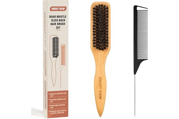 SWEET VIEW Boar Bristle Slick Back Hair Brush for Smooth Flyaways, Frizz, Sleek Ponytail, Buns and Edge Baby Hair, Teasing |