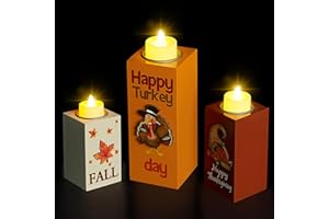 BlcTec Thanksgiving Decorations for Home 3 PCS Wood Candle Holders with LED Tea Lights & 3D Carving Craft, Rustic Candle Centerpieces for Home, Table, Office, Tiered Tray Fall Decor Thanksgiving Decor