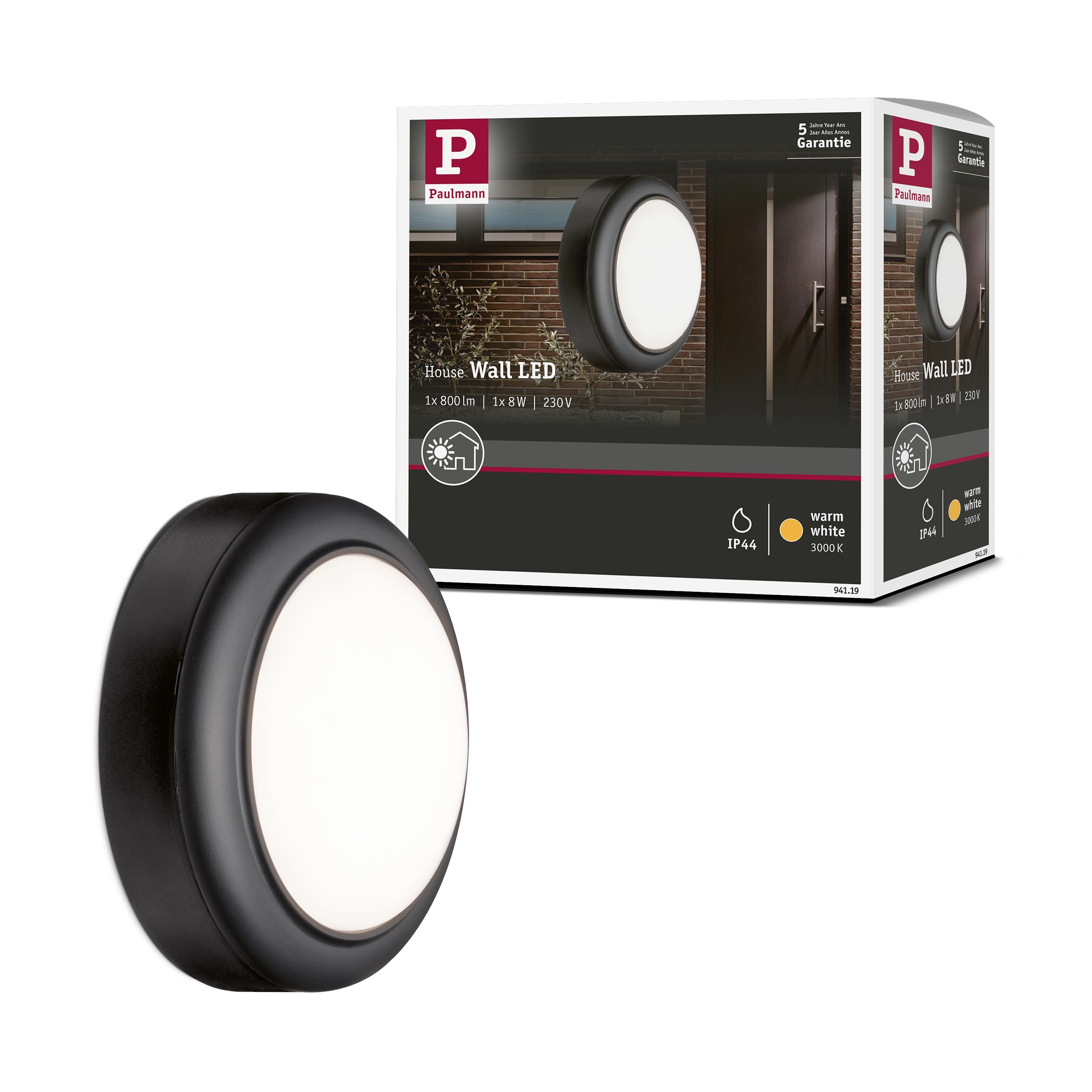 Paulmann 94119 Outdoor 230V Wall luminaire IP44 Splash-Water Protected Wall lamp 8W 3000K Warm White Wall Spotlight Plastic Grey