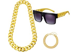 Hicarer 80s 90s Rapper Costume Hip Hop Costume for Men Fake Gold Chain Flat Top Sunglasses Big Link Chain Necklace, Bracelet