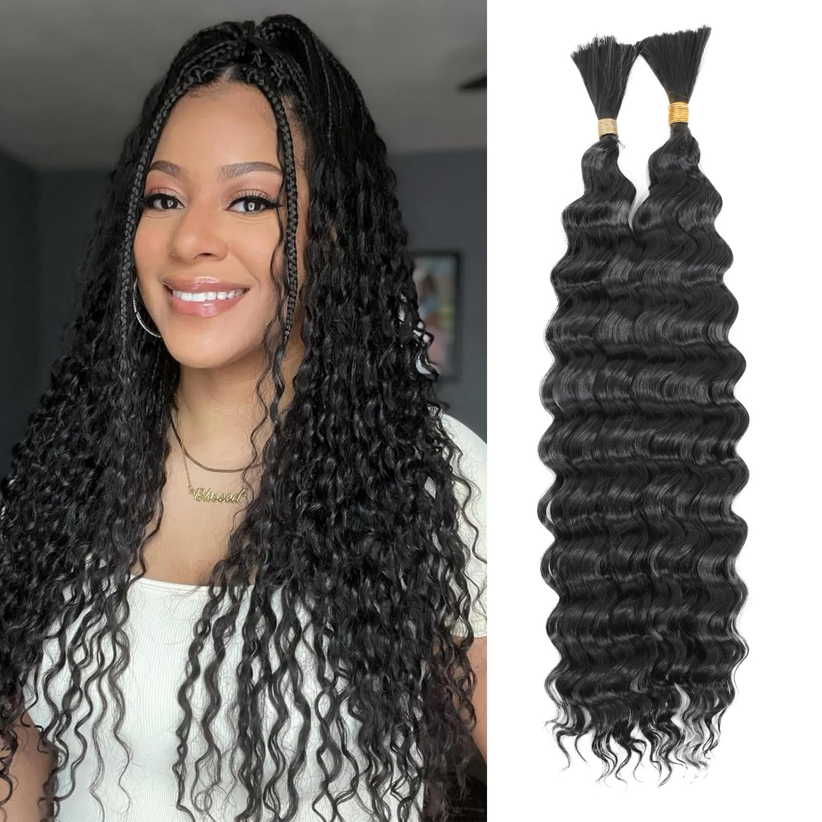TAOYEMY Deep Wave Bulk Braiding Hair 120g (1 Pack—2 Bundles) No Weft Boho Braids Wet and Wavy Synthetic Hair Extension (1B, 20 inch-1pc) — image 1