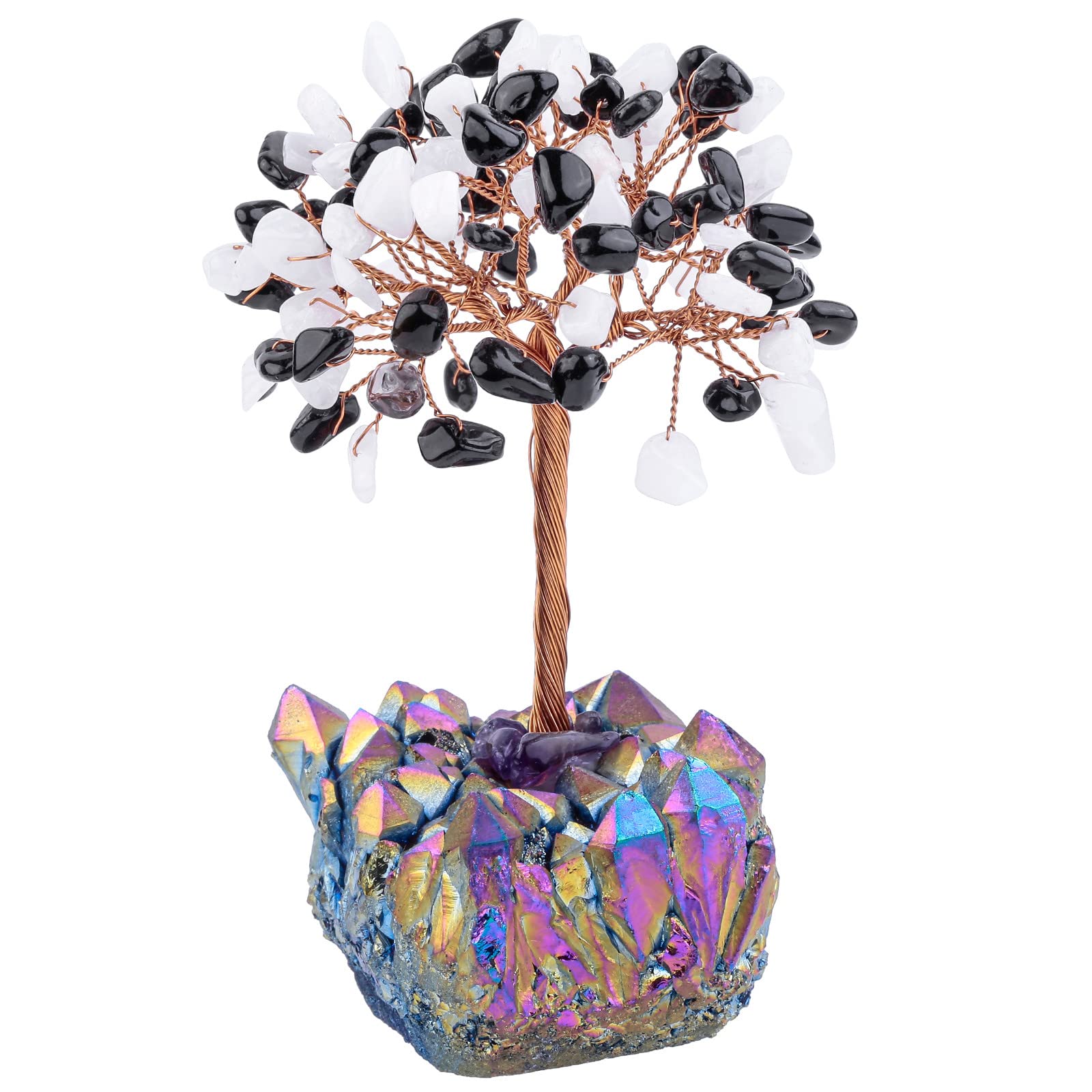 mookaitedecor White Jade & Black Obsidian Crystal Money Tree with Titanium Rainbow Aura Quartz Base Colourful Room Decor, Bonsai Crystal Tree of Life Ornament Reiki Spiritual Good Luck Crystal Gift