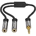 KabelDirekt – 3.5mm Y Adapter & Jack & AUX Splitter (1×3.5mm Male to 2× Female, Connect Two Sets of Headphones to a Smartphone/Tablet/Notebook, Stereo, 4in, Black)
