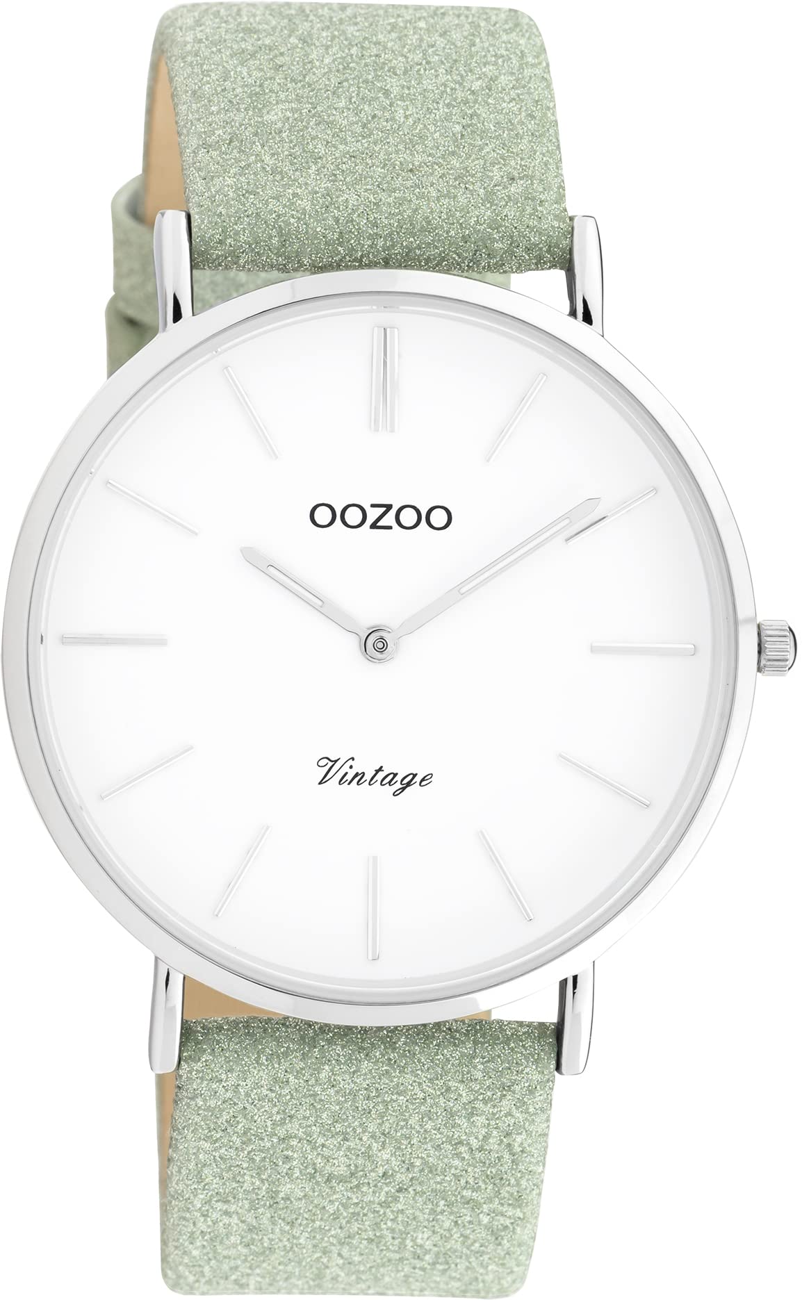 Oozoo Vintage Watch with Glitter Leather Strap Flat with 40 mm Diameter in Various Variations, Silver / White / Light Green, groß, Strap.
