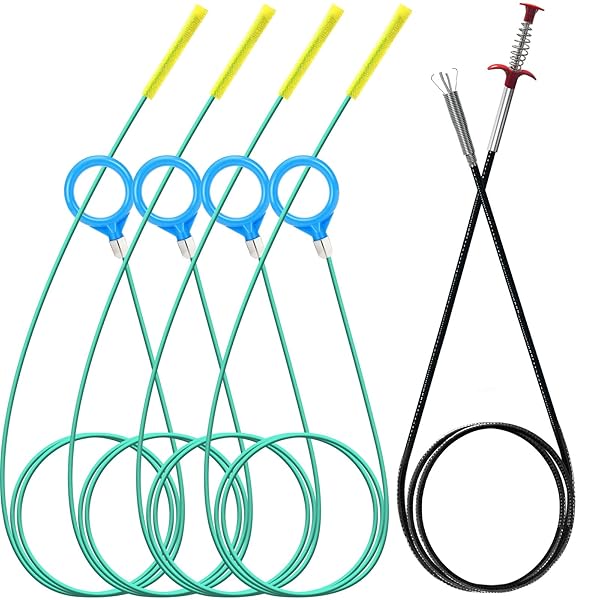 SNAKE DRAIN HAIR REMOVAL TOOL (5 PCS): 4 X 50-INCH DRAIN HAIR REMOVERS + 63-INCH SHOWER DRAIN SNAKE BLOCKAGE REMOVAL TOOL, DRAIN BRUSHES FOR SHOWERS, TOILETS, BATHROOM SINKS AND BATHTUBS.