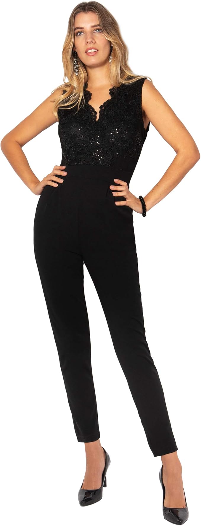 KRISP Damen Jumpsuit Taillierter Schnitt Pailetten VAusschnitt Amazon.de Bekleidung