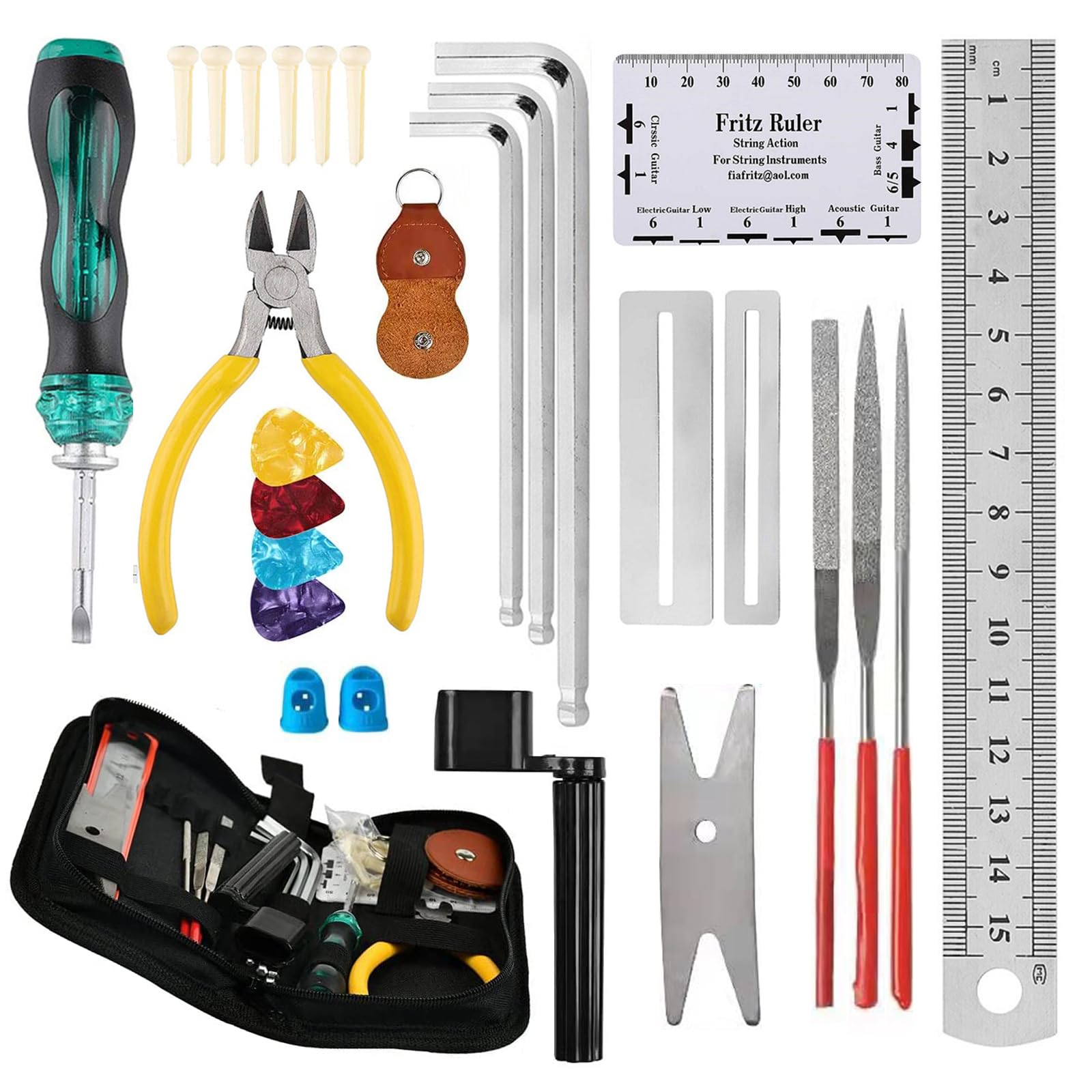 Photo 1 of 28PCS Professional Guitar Repair and Maintenance Tool Kit With Wire Plier, String Organizer, Fingerboard Protector, Hex Wrenches, Files, String Action Ruler, Spanner