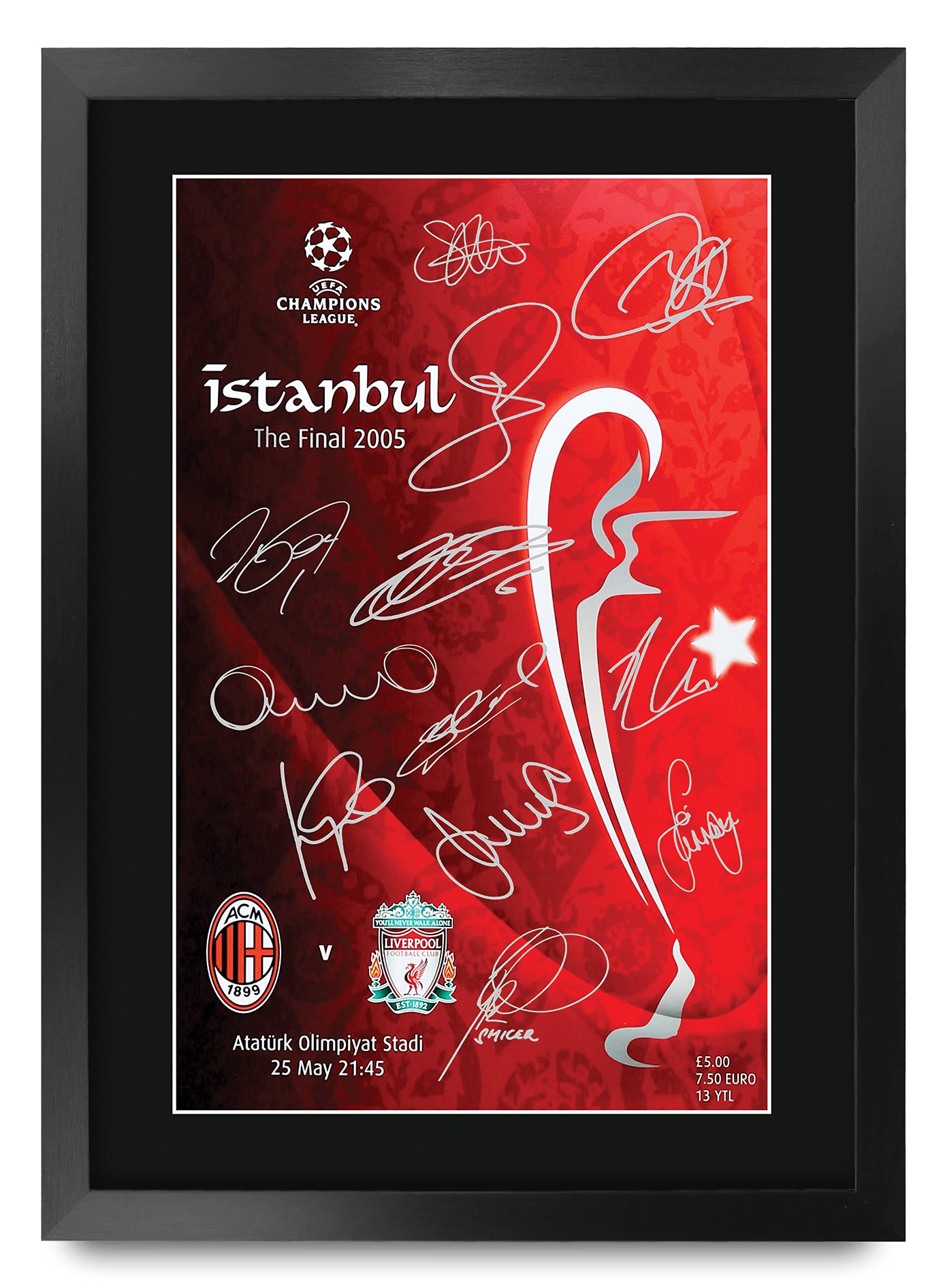 HWC Trading A3 FR Liverpool 2005 Champions League Final Programme Poster The Team Signed Gift FRAMED A3 Printed Autograph Football Gifts Print Photo Picture Display
