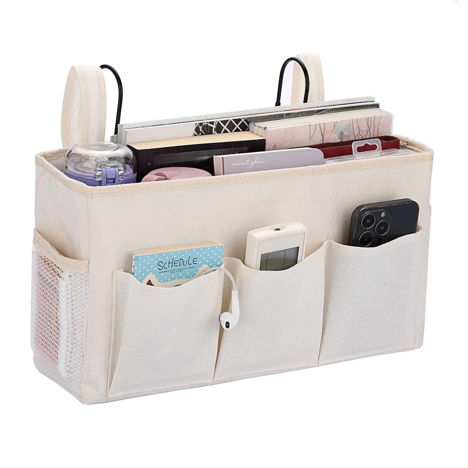 IGNPION Canvas Bedside Hanging Storage Pockets with Metal Hook Adjustable Tape Dormitory Bed Organiser Caddy Mulit-purpose Bag for Home Office School Hospital,White (IGPUK0582)
