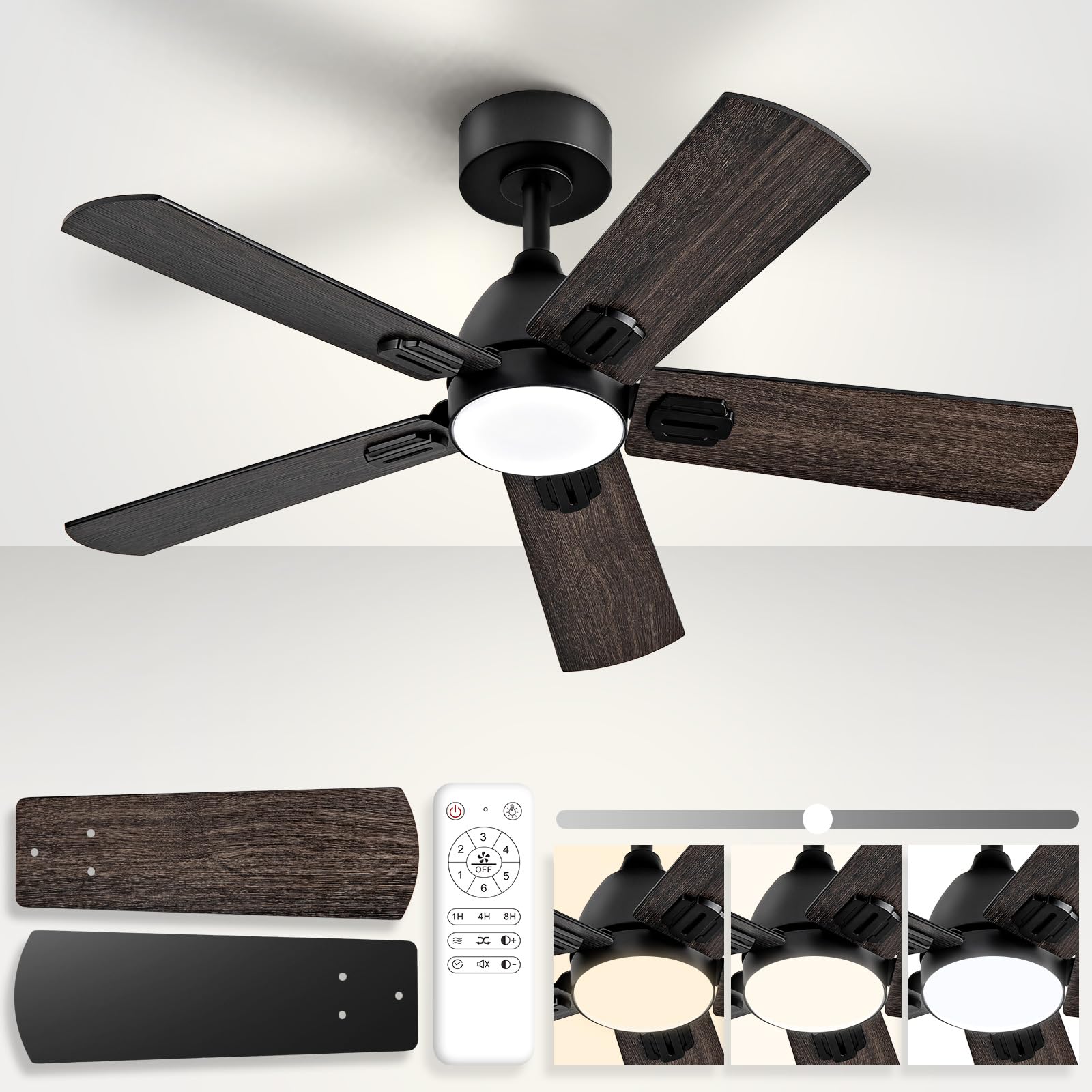 Photo 1 of FUJIBONNY 42-Inch Ceiling Fans with Lights, Remote Control, Dimmable, 3 Color Temperatrue,Power-Off Memory, Reversible Quiet DC Motor – Modern Black Ceiling Fan for Living Room, Bedroom, Patio,Office