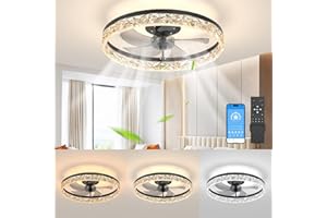 JOFIOS Ceiling Fans with Lights, 19.7in Black Flush Mount Fandelier Ceiling Fans with Lights and Remote, 3000k-6000k Dimmable Modern Smart Bladeless Low Profile Ceiling Fan with Light for Bedroom