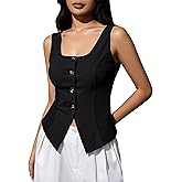 winkbay Women's Square Neck Button Down Tank Top Sleeveless Tie Back Split Hem Elegant Work Office Tops
