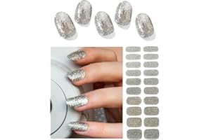 Wahrshei Semi Cured Gel Nail Strips | Silver Glitter 20pcs Semi Cured gel Nails Sticker | Gel Nail Wraps UV for Home Nails DIY