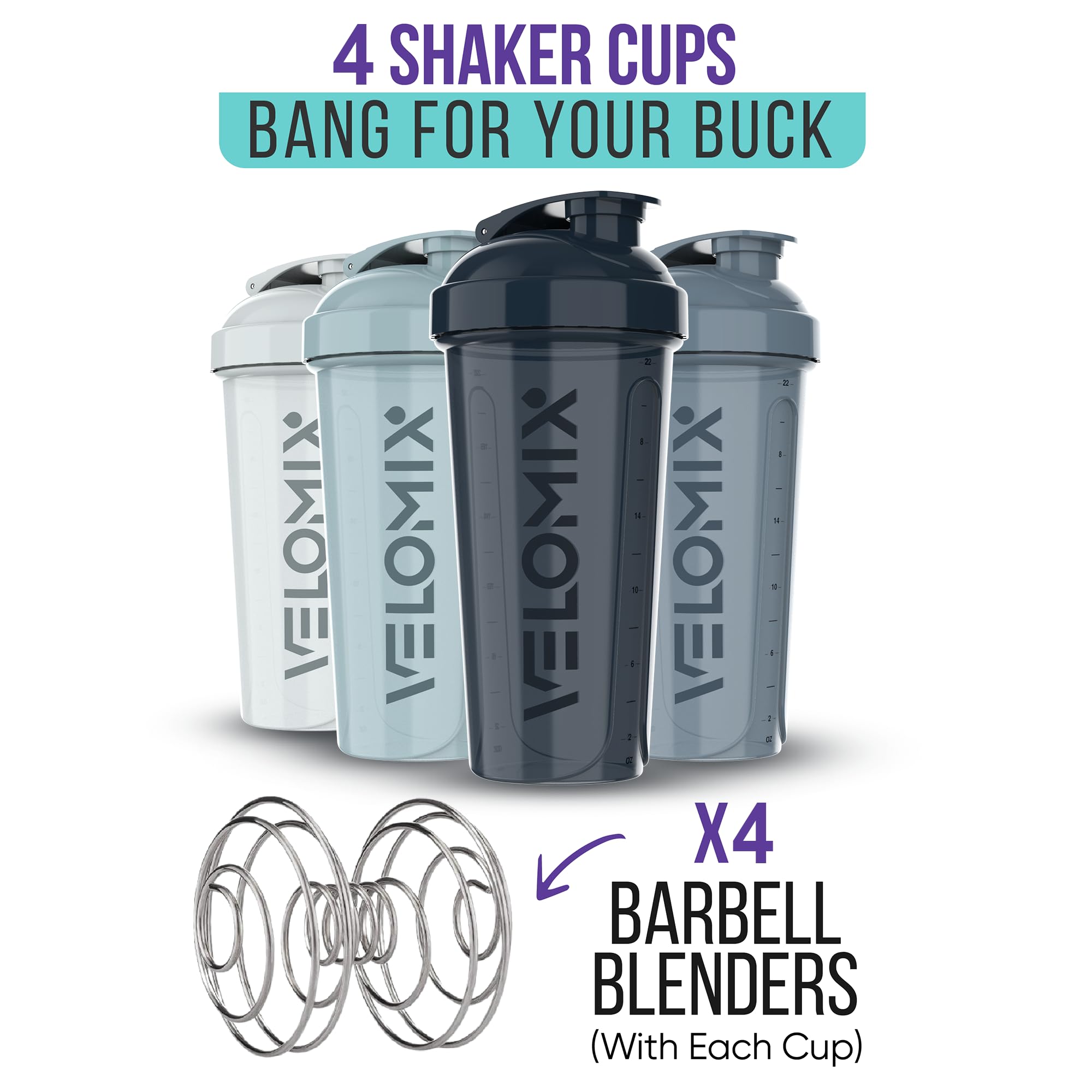 -4 PACK 28 Oz Protein Shaker Bottle for Protein Mixes - 4x Wire Whisk | Leak Proof Shaker Cups for Protein Shakes | Protein Shaker Bottle Pack | Protein Shake Cup (Aqua Depths)