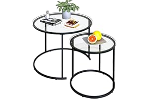 Azheruol Nesting Coffee Table Set of 2,Modern Black Tempered Glass Side Table, Metal Frame Round End Table.Small Glass Tea Table for Living Room,Bedroom Studio Apartment Essentials，17.7IN